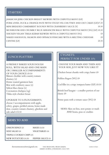 Starters, lunch and children's menu